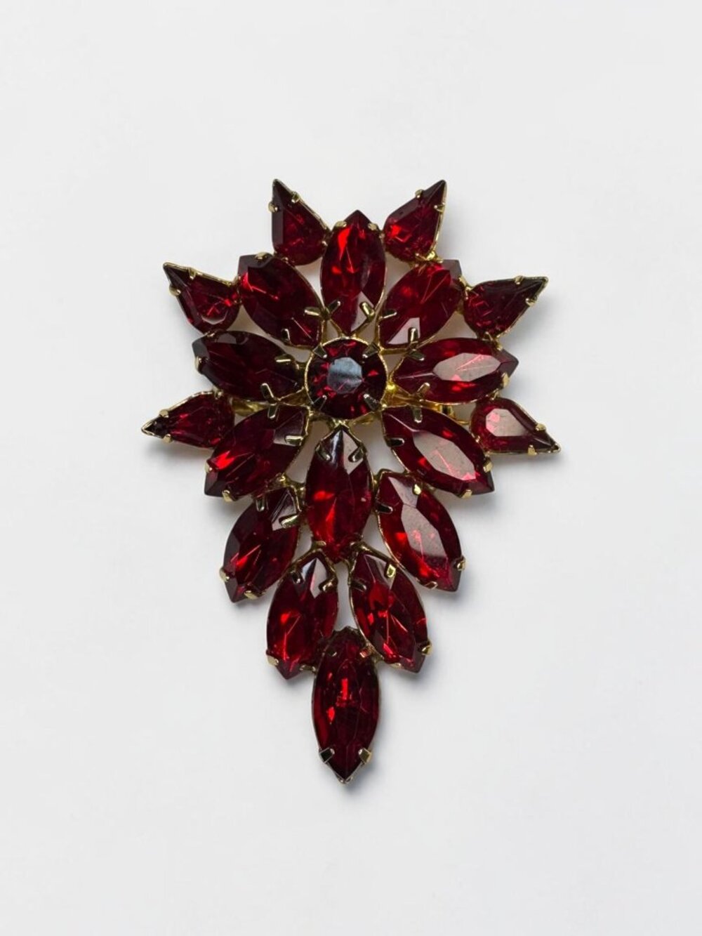 Red Crystal Floral Brooch Gold Tone Marquise Cluster Pin Vintage UV Glow
